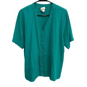 Vintage Just For Petites Button Up Shirt Teal Short Sleeve V-Neck Office Preppy